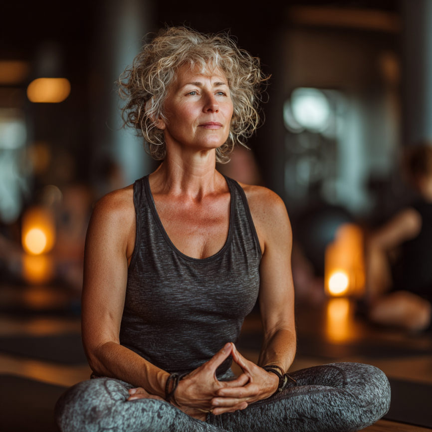 Літня жінка займається йогою